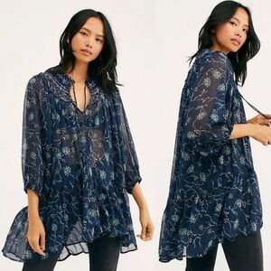 Free People Keeping Up With Kara Blue Sheer Floral Oversized Chiffon Tunic